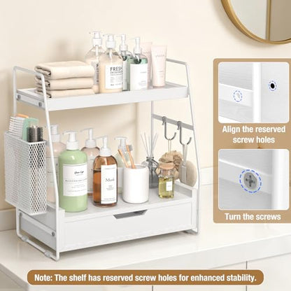 2-Tier Bathroom Counter Organizer with Drawer and Removable Basket, Wood Vanity Countertop Storage for Perfume, Makeup, Skincare, Bathroom Counter Shelf, 13" x 7.9" x 14.5", White - color: White