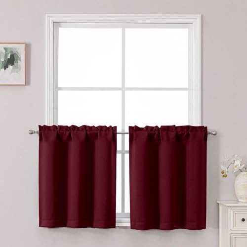 Chyhomenyc Short Burgundy Curtains 24 Inch Length, Small Kitchen Curtain Rod Pocket Half Window Curtains for Basement Cabinet Camper RV Bunk, 2 PCS, Each 30Wx24L, Burgundy - color: Burgundy, size: 30"W x 24"L (Pack of 2)