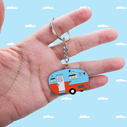 Thinp 2 Pieces Camper Keychain, RV Camper Keyring Accessories for Travel Trailers Enameled Metal Retro Camping Car Keychain - color: Blue+brown