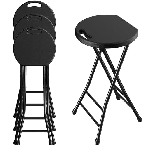24 Inch Folding Stool Set of 4, Portable Metal Foldable Stool with Handle & Non-Slip Feet, Sturdy 440lbs Capacity High Stool for Kitchen, Camping, Fishing, Black - color: Black, size: 24-inch Pack of 4