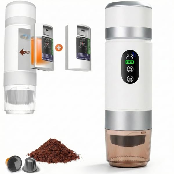Portable Coffee Maker KF-JN-03 with Digital Display & 20 BAR Pressure – Hot & Cold Brew, Compatible with Coffee Grounds and Capsules, Compact Single-Serve Design with Transparent Cup & 60ml Tank - color: White