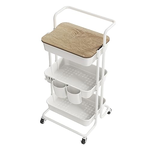 DTK 3 Tier Rolling Utility Cart with Cover Top Board, Movable Kitchen Storage Cart Trolley with Lockable Wheels, Cups, Hooks for Kitchen Bathroom Home Office Art Craft Storage and Organization(White) - color: White, size: Medium
