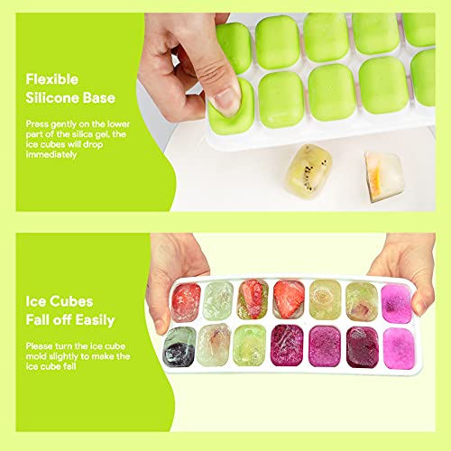 Ice Cube Trays 4 Pack, Airabc Silicone with Removable Lid, Easy-Release Flexible 14-cube Trays, LFGB Certified and BPA Free, Stackable Covers for Cocktail, Freezer - color: Blue+green