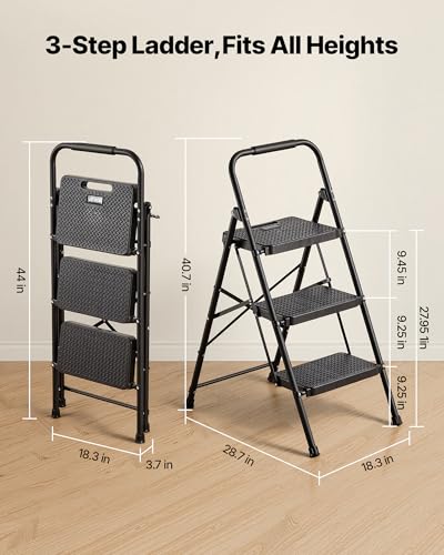 VEVOR 3 Step Ladder, Folding Step Stool with Wide Anti-Slip Pedal and Comfort Handgrip, Lightweight 600 lbs Capacity Portable Steel Ladder, Multi-Use for Kitchen, Home, Household and Office, Black - size: 18.3 x 28.7 x 40.7 in(Expanded)
