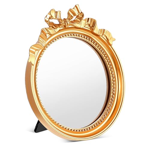 Abeillo Small Gold Desk Mirror, 4.2'' Round Decorative Mirror Vintage Table Mirrors with Gold Resin Frame for Bedroom Bathroom Tabletop Wall
