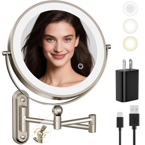 9" Wall Mounted LED Lighted Makeup Vanity Mirror - 4000mAh Rechargeable Double Sided 1X/30X Magnifying Mirror, 3 Color Lights Touch Dimmable, Height Adjustable Extended Arm 360° Swivel Bathroom Mirror - color: Nickel-30x