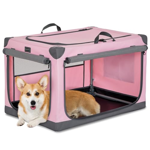 PETSFIT 30" Soft Portable Dog Crate – Patented Spiral Sturdy Frame, Collapsible Travel Kennel for Medium Dogs, 3 Mesh Door, Lockable Zippers, Indoor & Car Use Pink - color: Pink, size: 30.0"L x 20.0"W x 19.0"H