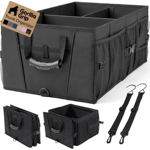 GORILLA GRIP Trunk Organizer for SUV and Cars, Large Capacity Collapsible Car Trunk Storage Organizer, Heavy Duty Car Accessories, Gifts for Mom and Dad, Slip & Water Resistant Multi Compartment Black - color: Black