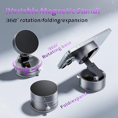 Magnetic Car Phone Holder Mount, Vacuum Suction Cup Phone Mount for Dashboard Windshield, 360 Rotatable MagSafe Car Mount for iPhone, Hands-Free GPS Navigation for Drivers, Office Desk