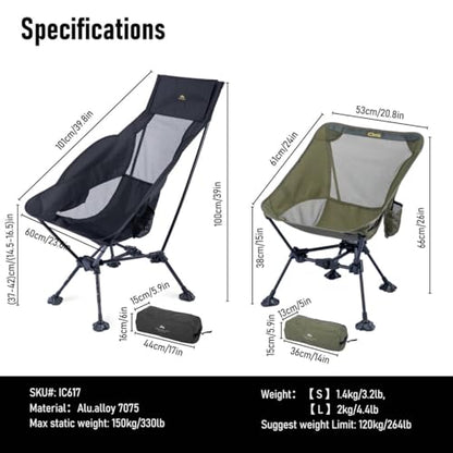 iClimb Ultralight Compact Camping Folding Beach Chair with Anti-Sinking Large Feet (Black - Triangular Frame High Back) - color: Black (Triangular Frame High Back)