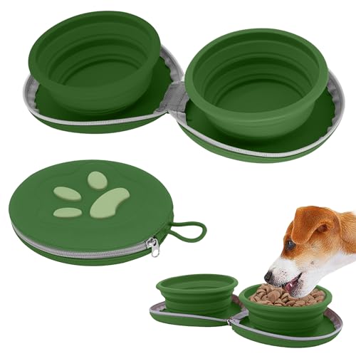 Collapsible Dog Bowls, 2-in-1 Travel Double Bowl Water Food Feeder Portable Pet Traveling Camping & Walking 25oz (Green) - color: Green
