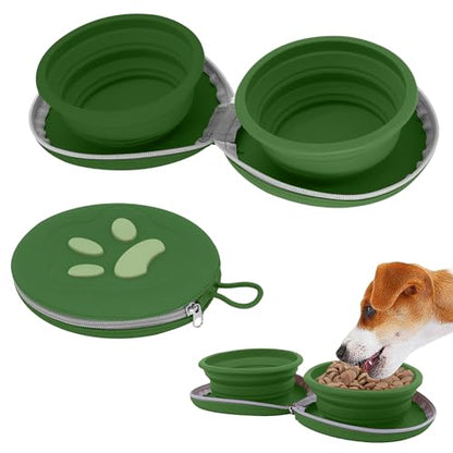 Collapsible Dog Bowls, 2-in-1 Travel Double Bowl Water Food Feeder Portable Pet Traveling Camping & Walking 25oz (Green) - color: Green