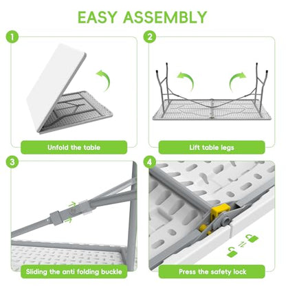 HLPB Folding Table Picnic Table Set, 6 ft Camping Table with 2 Benches, Outdoor Indoor Portable Folding Furniture for Working Meeting Party, Camping, Picnic, Weddings w/Handle and Safety Locks, White