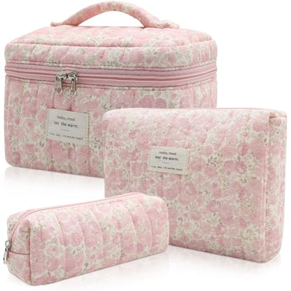 Gosect 3pc Makeup Bag Set, Quilted Makeup Bag Set, Large Floral Cosmetic Bag for Women, Cute Cotton Makeup Bags, Flower Travel Toiletry Organizer Bag (Pink Crushed flower) - color: Pink Crushed Flower