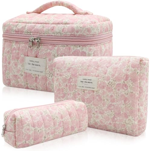 Gosect 3pc Makeup Bag Set, Quilted Makeup Bag Set, Large Floral Cosmetic Bag for Women, Cute Cotton Makeup Bags, Flower Travel Toiletry Organizer Bag (Pink Crushed flower) - color: Pink Crushed Flower