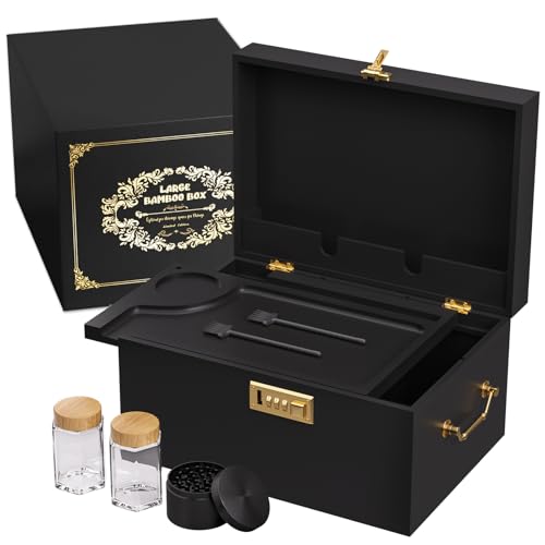 Bamboo Storage Box with Lid and Lock – Large Wooden Stash Box with Rolling Tray, Adjustable Dividers & Vintage Gold Side Handles, Elegant Storage Organizer - color: Black, size: Large