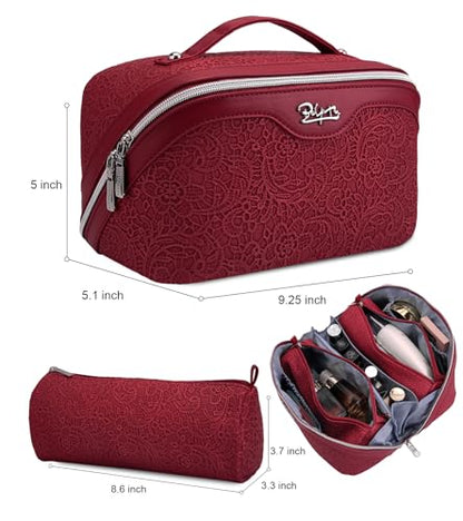 BOYATU Travel Makeup Bags Cosmetic Organizer Bag: 3 Pcs Set Large Capacity Make up Bag with Compartments - Waterproof Leather Toiletry Bags with Handle for Women (A-Red) - color: A-Red