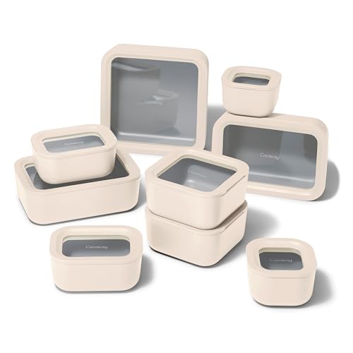 Caraway 22pc Glass Food Storage Set - Storage Containers for Food - Non-Toxic Ceramic-Coated Glass - Air Release Technology - Compact & Stackable Design - Cream - color: Cream, size: Food Storage Set (22x)