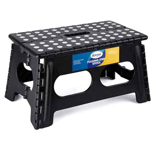 Korpai 9" Folding Step Stool for Adults and Kids 15-Inch Extra Wide Stool Holds Up to 300 lbs,Non-Slip Folding Stools with Handle,Compact Plastic Foldable Step Stool for Bathroom,Kitchen,ect - color: Black, size: 9 Inch