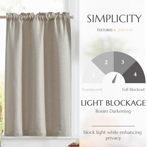 jinchan Linen Kitchen Curtains 24 Inch Length Window Treatment Farmhouse Rustic Cafe Curtains for Living Room Bedroom Rod Pocket Room Darkening 2 Panels Greyish Beige - color: Greyish Beige, size: 25"W x 24"L (Pack of 2)