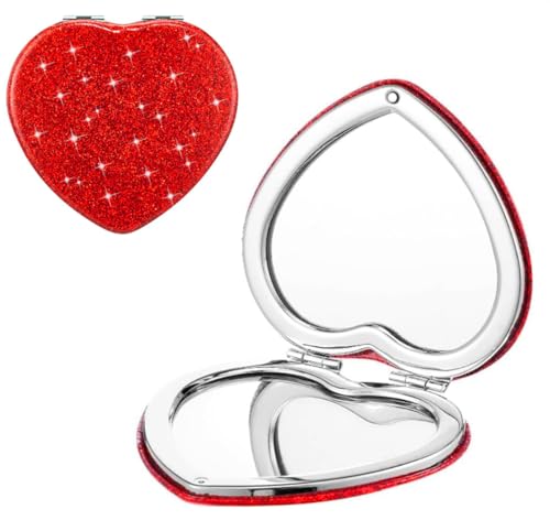 Red Heart Shaped Compact Mirror for Purse,1x/2x Magnification Cute Travel Mirror with Glitter,2.76 inch Double-Sided Mini Folding Mirror,Small Pocket Mirror for Gift,Travel Essentials - color: Red-heart Shaped