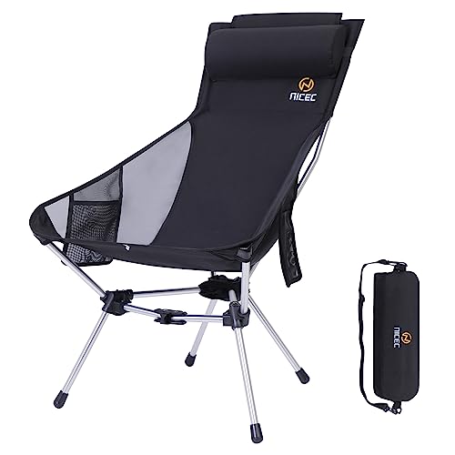 Nice C Ultralight High Back Fold Camp Chair, Compact Collapsible Backpack Hiking Festival Carry Chair, Heavy Duty Outdoor, Travel, Picnic, with 2 Side Pockets, Pillow, Carry Bag (1, Black)