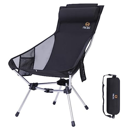 Nice C Ultralight High Back Fold Camp Chair, Compact Collapsible Backpack Hiking Festival Carry Chair, Heavy Duty Outdoor, Travel, Picnic, with 2 Side Pockets, Pillow, Carry Bag (1, Black)
