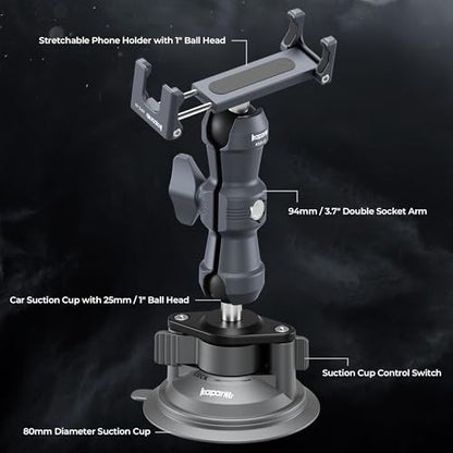 Suction Cup Car Phone Holder, Phone Mount for Windshield/Dashboard with 25mm Ball Head & Aluminum Magic Arm, 360° Rotatable for iPhone/Samsung/Android, Fits Phone Width 2.56-3.74"(KPS-09) - color: KPS-09