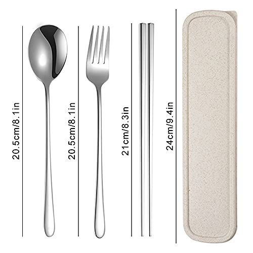 Xihuimay 3pcs Stainless Steel Chopsticks Fork Spoon Set with Travel Case Non-Slip Tabeware Pack Metal Portable Flatware Set Utensils Chinese Japanese Korean for Cooking Eating Dishwasher Safe, White