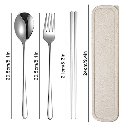 Xihuimay 3pcs Stainless Steel Chopsticks Fork Spoon Set with Travel Case Non-Slip Tabeware Pack Metal Portable Flatware Set Utensils Chinese Japanese Korean for Cooking Eating Dishwasher Safe, White