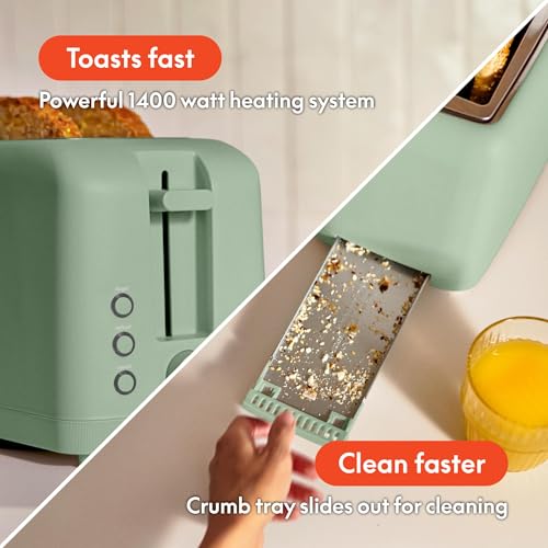 bella 4 Slice Slim Toaster, Fits-anywhere™ Kitchenware, 6 Setting Shade Control with Reheat & Cancel Buttons, Fits Sourdough, 10” Long Slot, Anti Jam & Auto Shutoff, 900 Watt, Seaglass - color: Sea Glass, size: 4 Slice