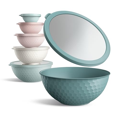 COOK WITH COLOR Mixing Bowls with Lids - 12 Piece Plastic Nesting Bowls Set includes 6 Prep Bowls and 6 Lids, Microwave Safe Mixing Bowl Set, Teal Embossed - color: Teal Embossed
