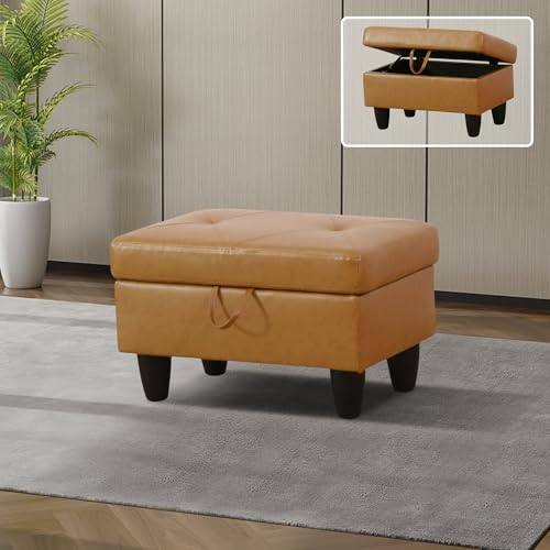 Ottoman, Faux Leather Storage Ottoman Bench, Modern 28.5" Large Square Entryway Bench Ottoman with Storage for Living Room/Apartment/Bedroom/Rv Car,Ginger - color: Ginger, size: 28.5 inch