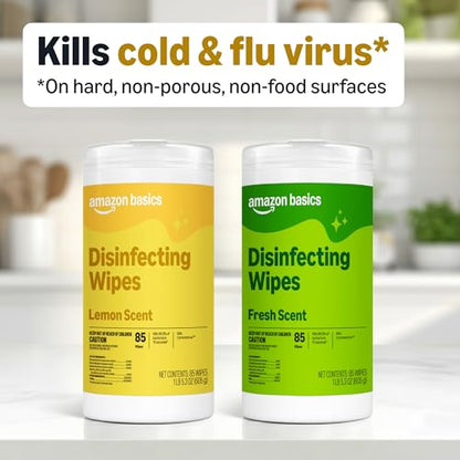 Amazon Basics Disinfecting Wipes, Lemon & Fresh Scent, Sanitizes, Cleans, Disinfects & Deodorizes, 255 Count (3 Packs of 85), Packaging May Vary - size: 85 Count (Pack of 3), style: 3 Pack--2 Lemon, 1 Fresh