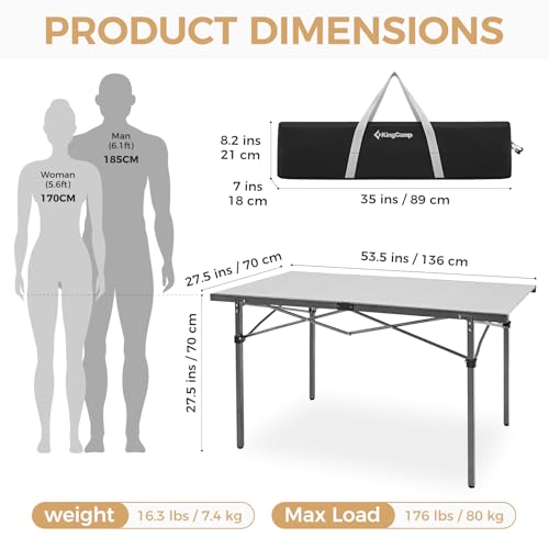 KingCamp Aluminum Camping Table Foldable, Large 53.5" Roll Up Camp Table Folding Seamless Tabletop Heavy Duty Duck Hunting Camping Tables Metal Portable Outdoor Collapsible for RV BBQ Picnic Hunting - color: Silver/Black - 53.5"×27.5", style: Extra Large