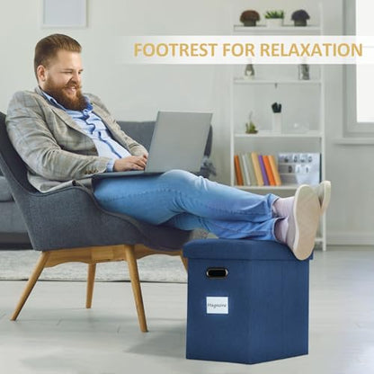 Tall Ottoman with Storage Collapsible Fabric Small Slim Folding Ottoman Furniture with Handles Lid for Room Footrest Foot Stool Linen Navy Blue 16.5x16.5x11.8in - color: Navy Blue