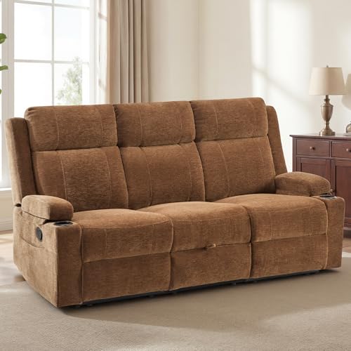 Manual Reclining Sofa, Space-Saving Reclining Couch with Convertible Table & Cup Holders & Storage Pockets, Compact 3-Seater Recliner Couch for Living Room, Home Theater & Apartment (Brown) - color: Brown, size: 3 Seat