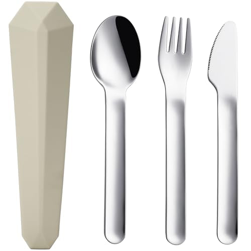 DEVICO Utensils for Lunch Box, 4Pcs Travel Silverware Set with Case, Khaki | Portable Silicone Case, 18/8 Stainless Steel Fork Spoon Knife Set for Work School Picnic, Reusable Camping Cutlery for Kids - color: Khaki