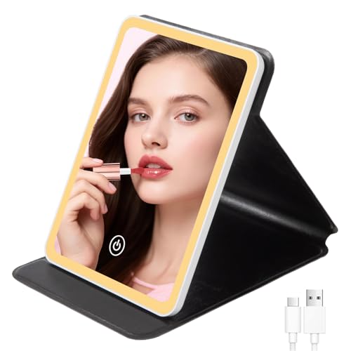 Travel Mirror with Light 3 Colors Dimmable Rechargeable 1500mAh Battery Last for 4~6 Hours fit for Birthday for Women (Black) - color: Black