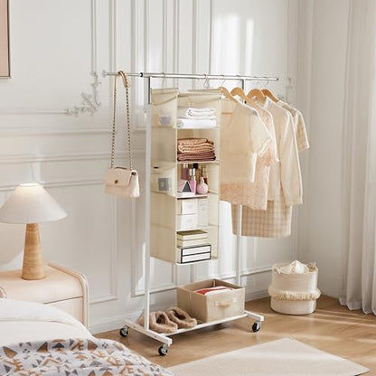 MAX Houser 5 Shelf Hanging Closet Organizer, Space Saver, Cloth Hanging Shelves with 4 Side Pockets, Foldable, Beige - color: Beige-6