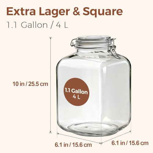 ComSaf 1.1 Gallon (4L) Square Glass Jars 2-Pack - Large Airtight Food Storage Canisters with Clamp Lids for Bulk Flour, Rice, Sugar, Coffee Beans, Fermentation, Pickling, Farmhouse Pantry Organization - size: 1.1 Gal*2
