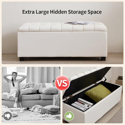 38-inch White Faux Leather Storage Ottoman Bench with Seat and Footrest Function - for Bedroom, Living Room & Entryway - color: White