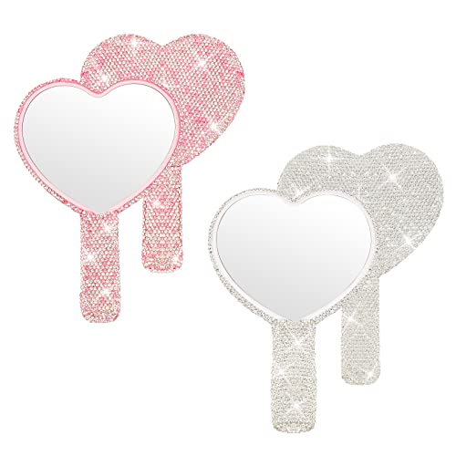 Tatuo 2 Pcs Large Rhinestone Handheld Mirror Heart Shaped Bling Glitter Portable Cosmetic Hand Mirror with Handle for Women Make up Brush Lash(Pink and White)