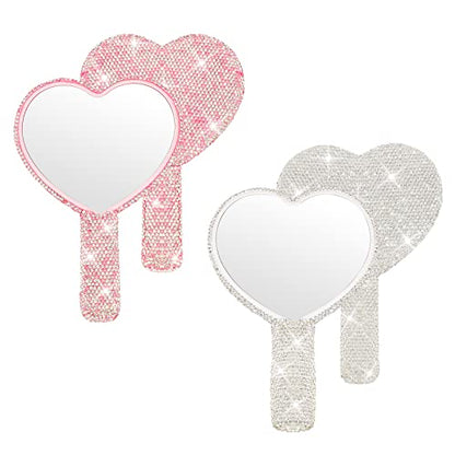 Tatuo 2 Pcs Large Rhinestone Handheld Mirror Heart Shaped Bling Glitter Portable Cosmetic Hand Mirror with Handle for Women Make up Brush Lash(Pink and White)