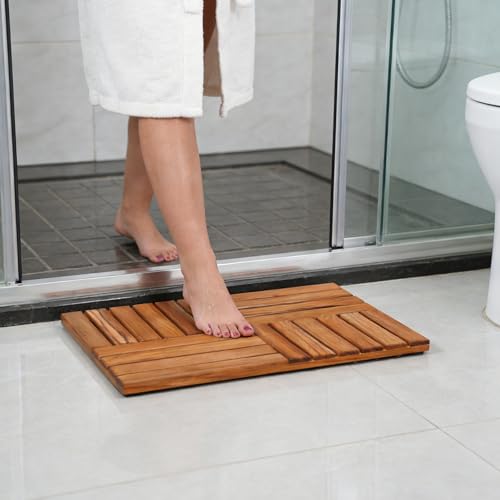 Utoplike Teak Wood Bath Mat, Wooden Shower Mat for Bathroom, 24 x 16 inch Non Slip Wood Floor Sturdy Mat for Inside Shower Luxury Spa Home or Outdoor - size: 24" x 16" (Rectangular)