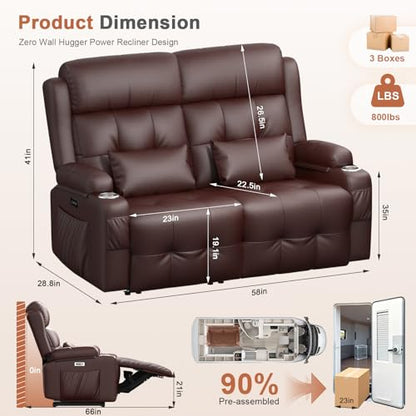 Power RV Loveseat Recliner Sofa, Reclining Loveseats Couch for RV Furniture, Home Theater Seating with Heat Massage, USB, Insert Pockets, Cup Holders, 150° Wall Hugger RV Recliners Sleeper Sofas - color: Brown, size: Loveseat-G1-Power