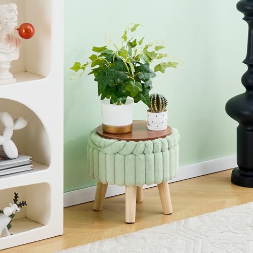 Wimarsbon Storage Ottoman, Modern Round Footrest with Soft Padded Seat, Teddy Velvet Footstool with Wood Legs, Accent Small Table or Plant Stand for Hallway, Living Room (Light Green) - color: Light Green