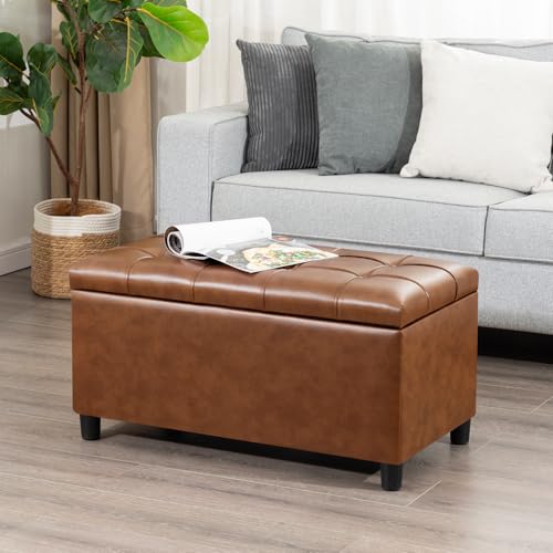 Joveco Storage Ottoman Bench, 32 Inches Faux Leather Rectangle Tufted Foot Stool for End Foot of Bed, Bedroom, Living Room, Creamy Caramel - color: Creamy Caramel