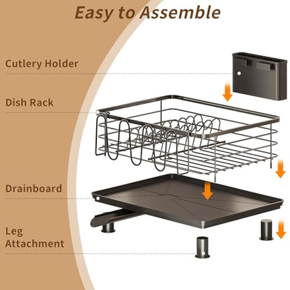 PureBox Dish Drying Rack, Rustproof Stainless Steel Kitchen Counter Organizer with Cup Holder, Utensil Caddy & Drainer Board, Space Saving, Black