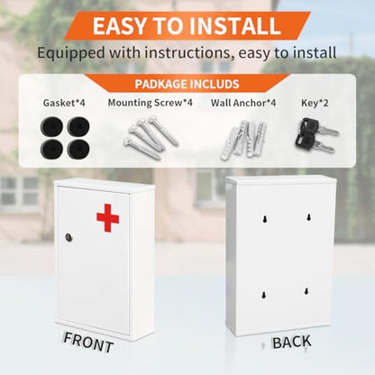 Ydocabinit Steel Wall-Mount Lockable Medical Cabinet, 2-Tier Medical Box with Key, Metal Storage Box, Medicine Organizer Secure Large Capacity, First Aid Cabinet for Bathroom School 12.59×8.46×3.14"
